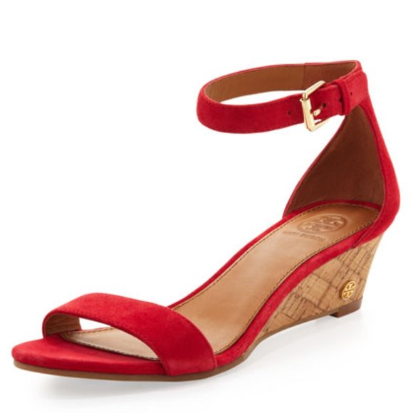 Tory Burch Savannah Wedge Red Suede Sandal Size 8 - Picture 1 of 10